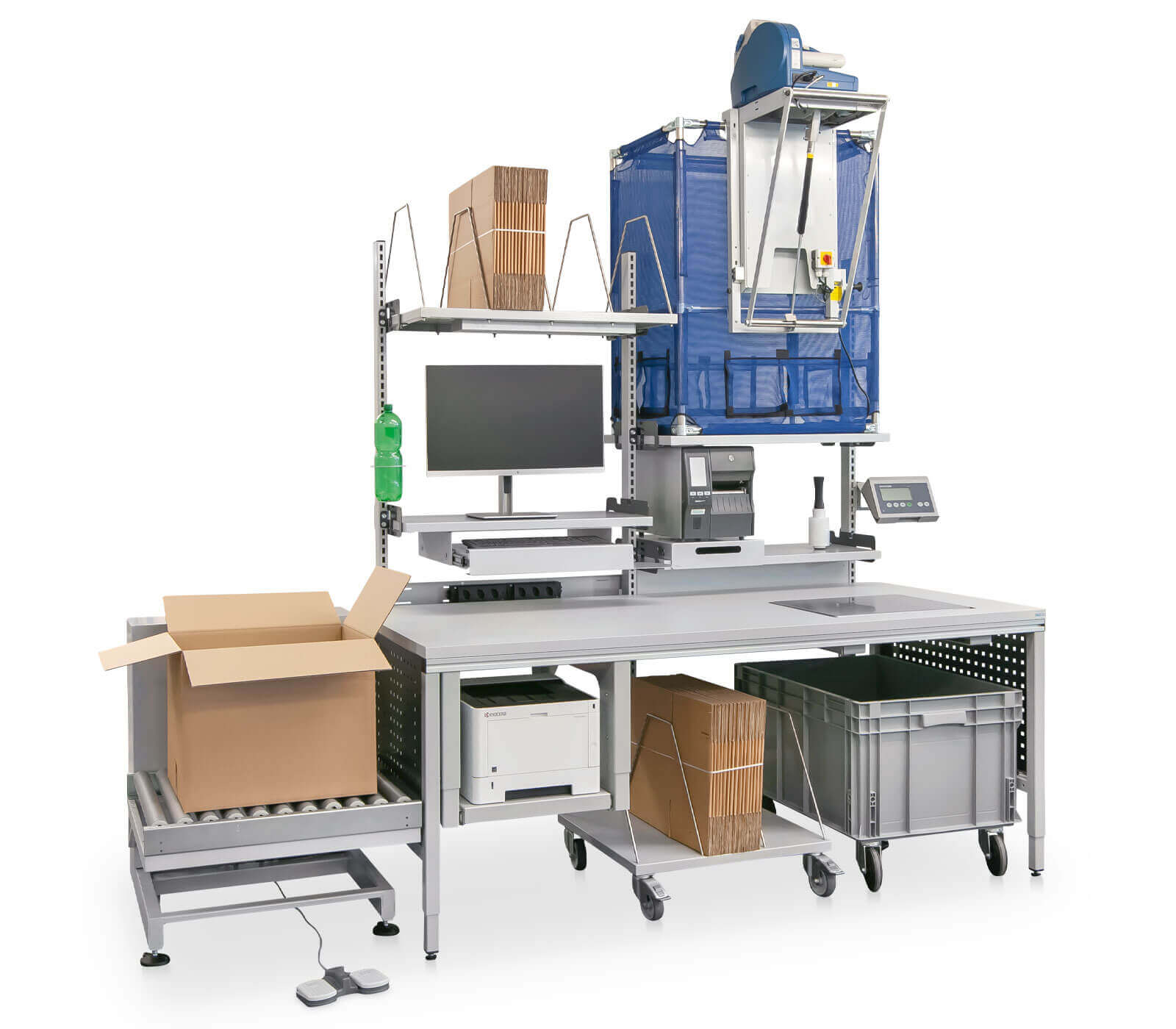 Kompletter Packtisch mit Monitor, Drucker, Kartons, Hubelement und Zubehör
